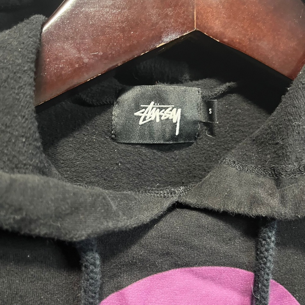Stussy Mens Black Graphic Hoodie Purple Logo Pullover Sweatshirt Small USA Made - Picture 4 of 8